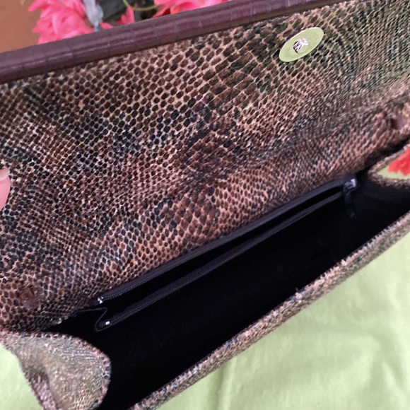 Python print man made material clutch bag brown and tan color. - Picture 4 of 10